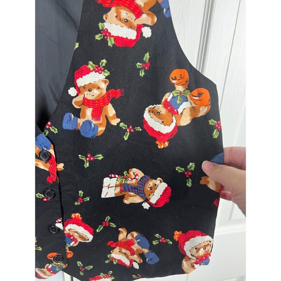 All Over Print Black Christmas Teddy Santa Bear Patterned Holidays Vest Medium - Picture 3 of 5